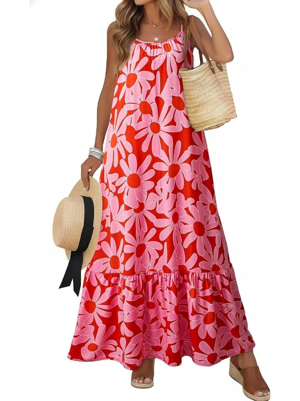 〽️Women's Red Floral Maxi Dress Scoop Neck Ruffle Hem Boho Summer Sundress